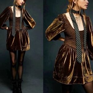 Free People Farrier Velvet Mini Dress Brown Bear Balloon Sleeves Smocked Bodice